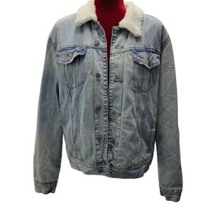 Old Navy Denim Trucker Jacket‎ LG Fleece Sherpa Lined Light Wash button up E302